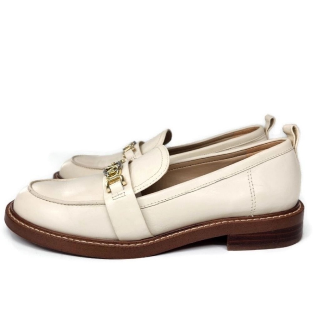 Sam Edelman Christy Ivory Patent Leather Gold & Silver Logo Bit Slip-On Loafers
